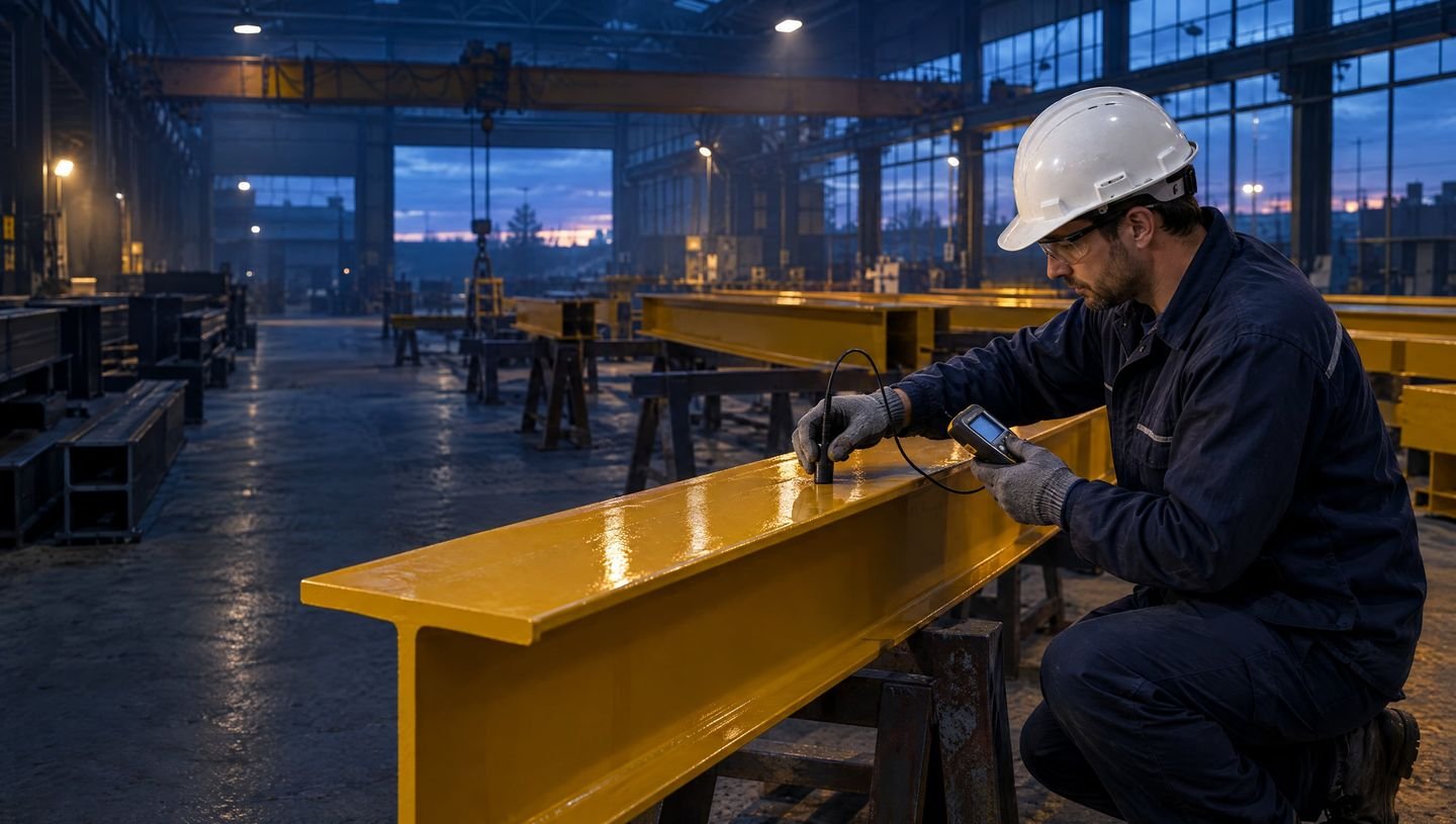 Coating inspector measuring the dry film thickness of fresh yellow paint on a steel beam in a fabrication workshop