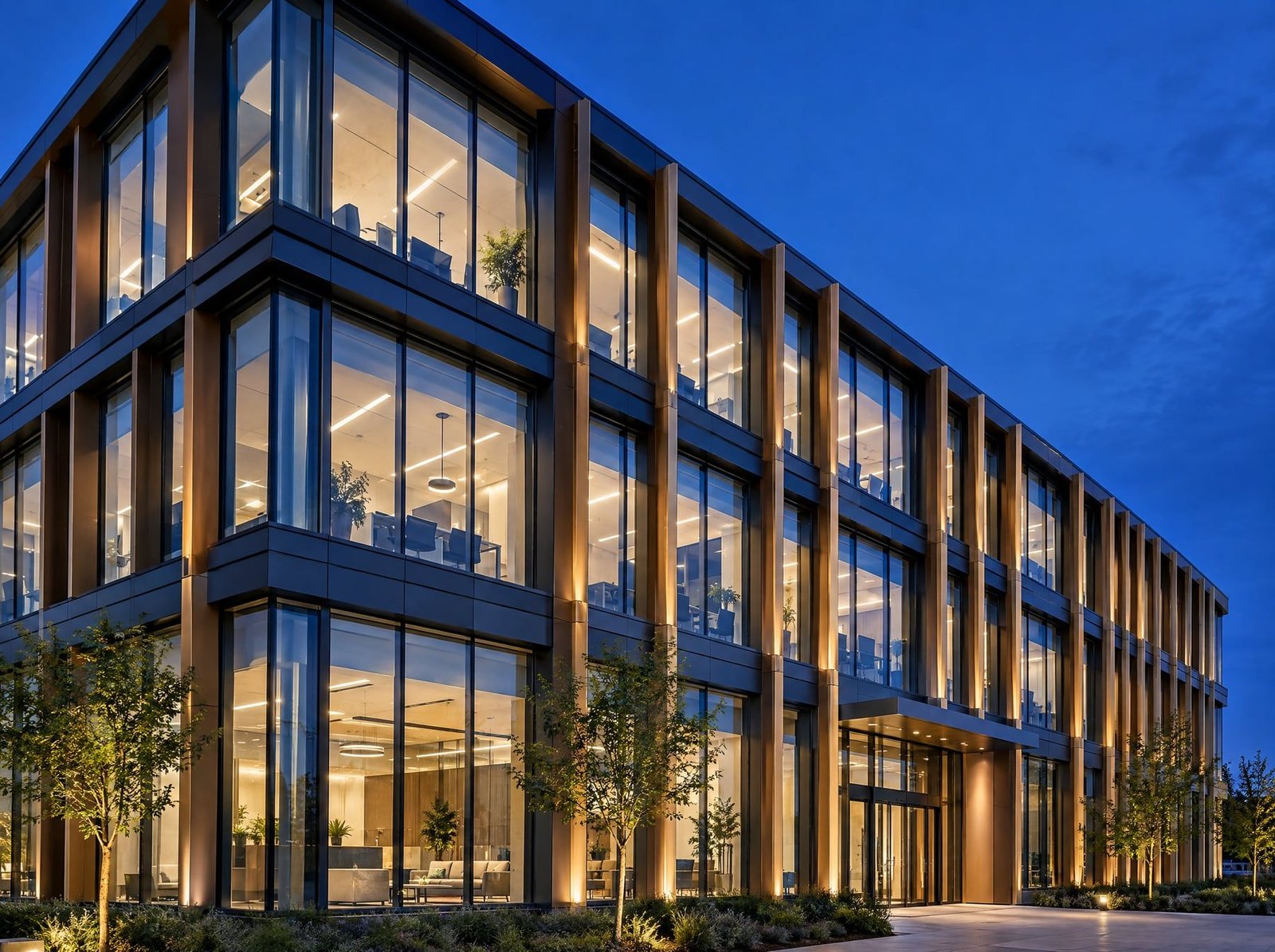 Office building facade with powder-coated aluminium curtain walling and bronze fins at dusk