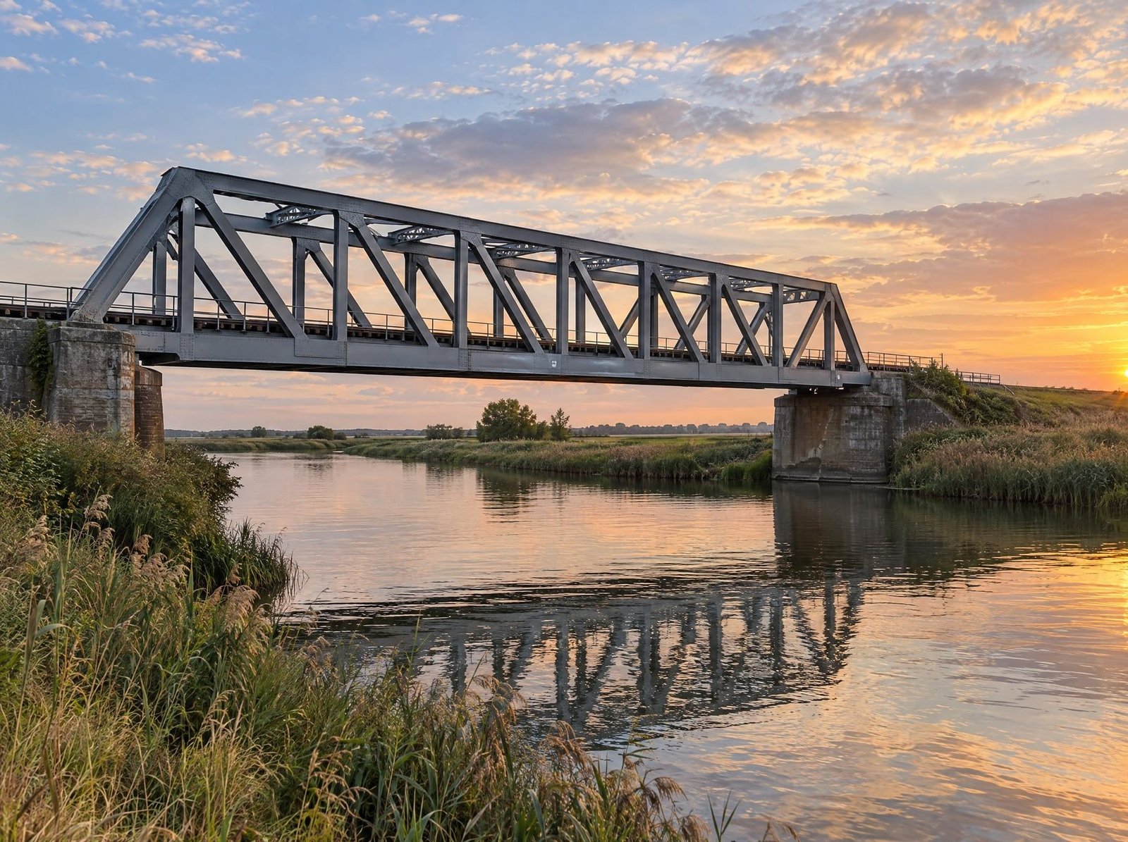 Repainted steel truss bridge over a river in the East Anglian countryside