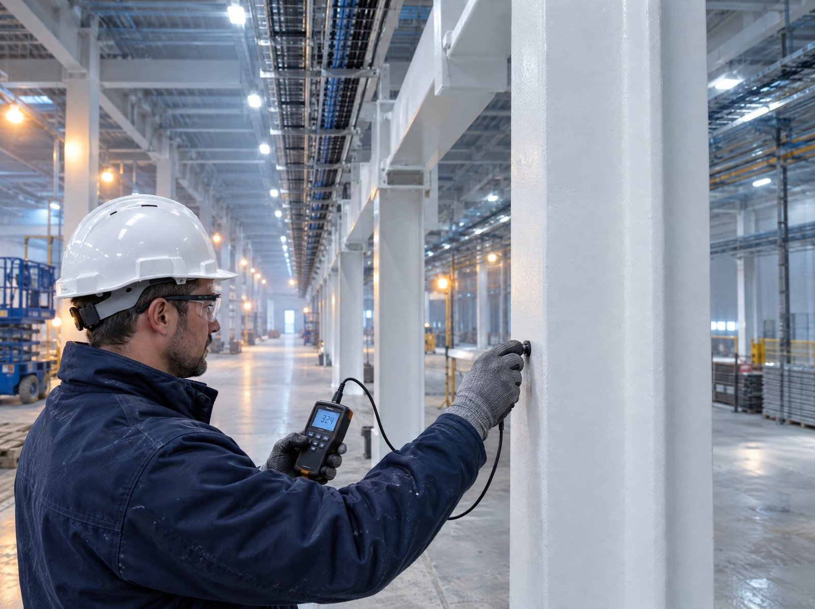 Coating inspector measuring white intumescent coating on a steel column in a large data hall under construction