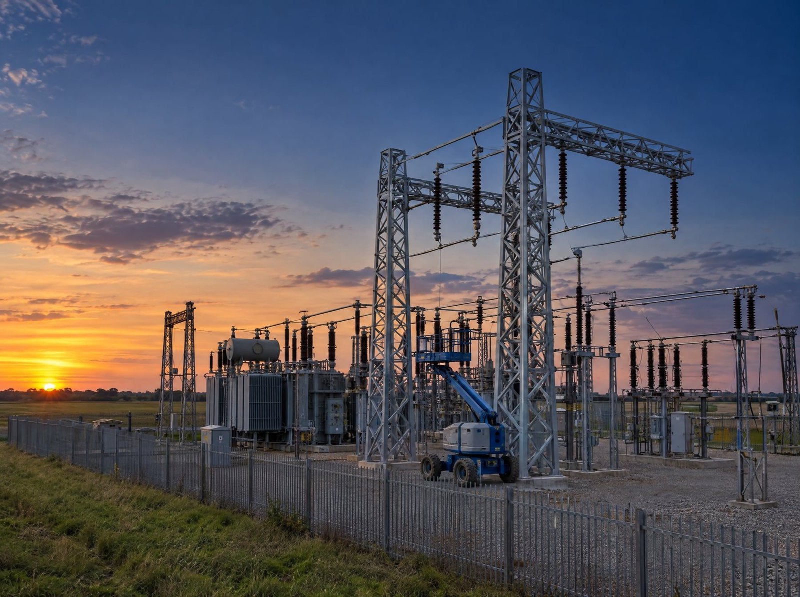 Electricity substation steel gantries at sunset, with a work platform beside a freshly coated gantry