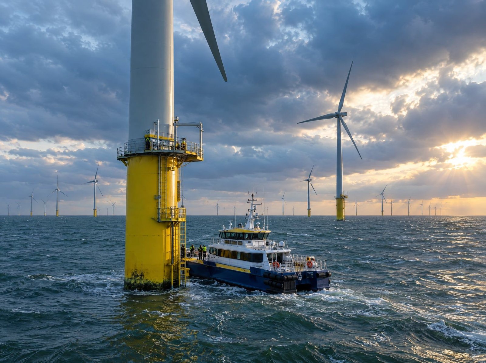 Offshore wind turbine foundation with a crew transfer vessel alongside