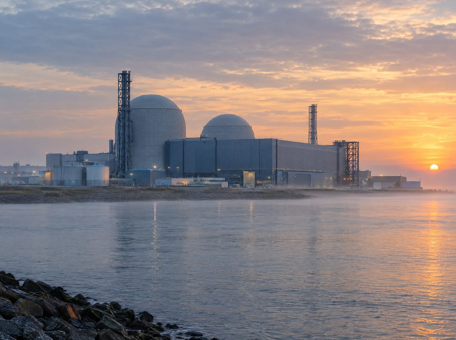 A coastal power station at dawn, shown for illustration