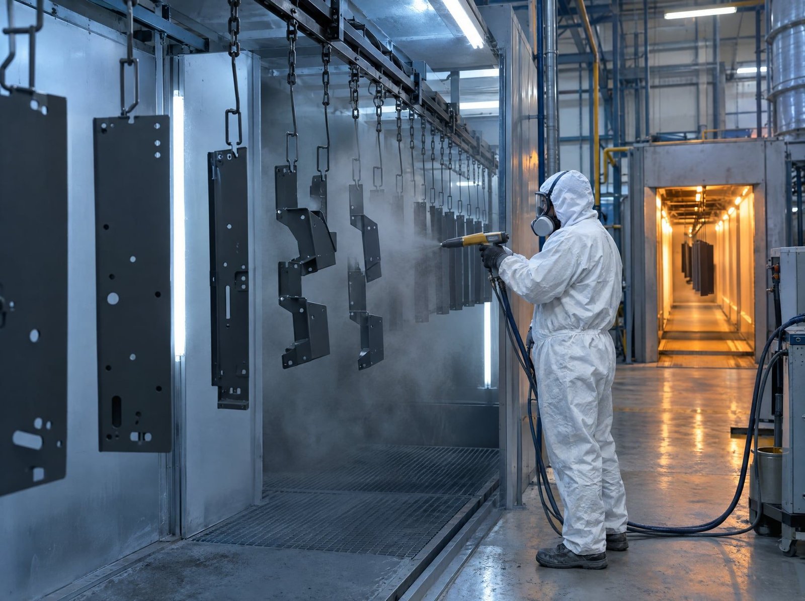Operator powder coating panels on an overhead conveyor line