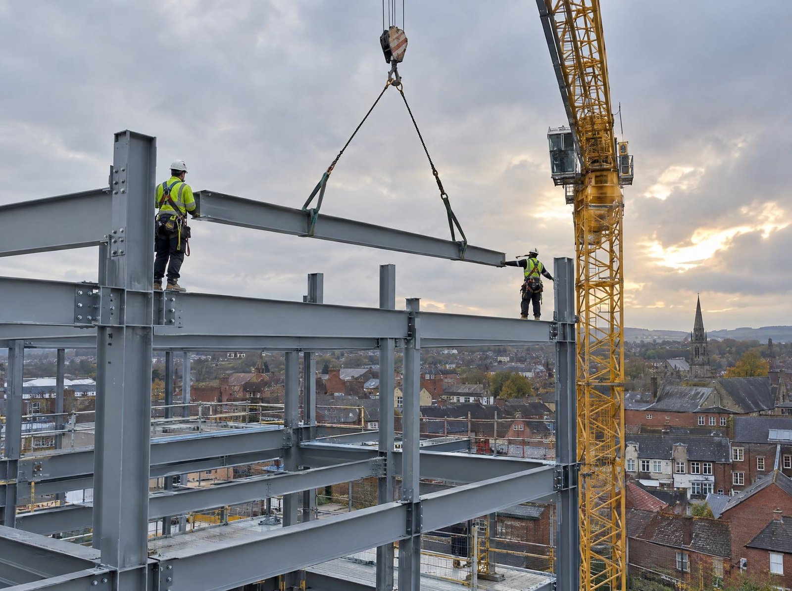 Steel erectors fixing a beam on a structural steel frame in a town centre
