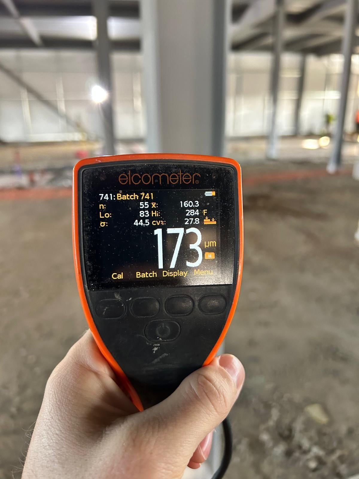 Elcometer coating thickness gauge reading 173 microns on painted steelwork